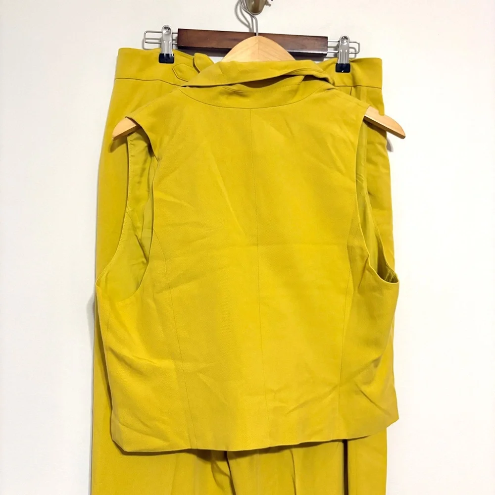 Free People Gabbie Vest Suit Set Bitter Oil Yellow Mid Rise Pant NEW Size 12 NWT